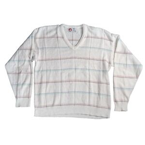 Isle Of Cotton Men's Vtg L Preppy V-Neck Pullover Sweater White Pastel Plaid USA